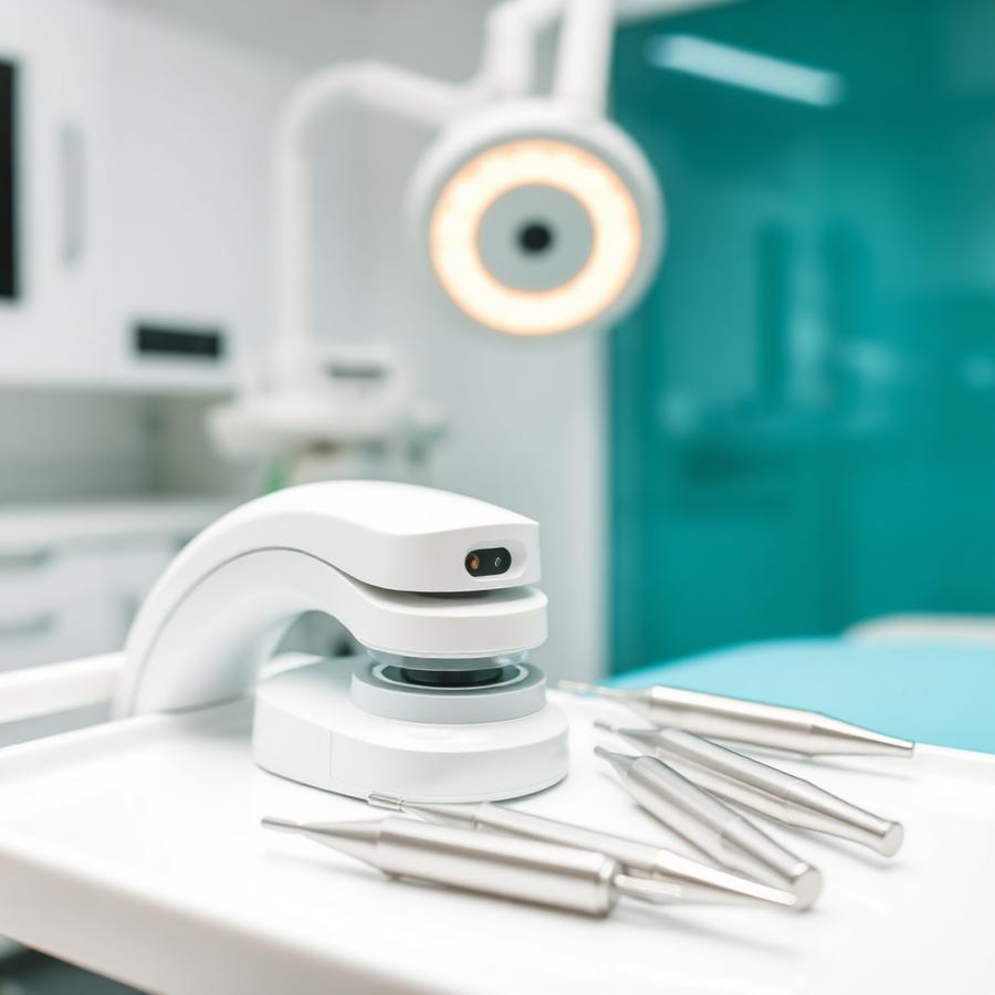 Modern dental equipment and instruments on a clean tray