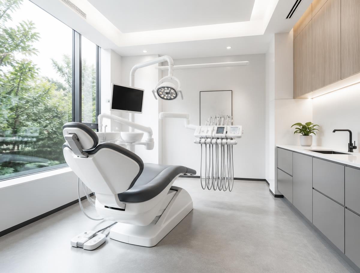 Modern dental treatment room with dental chair and equipment