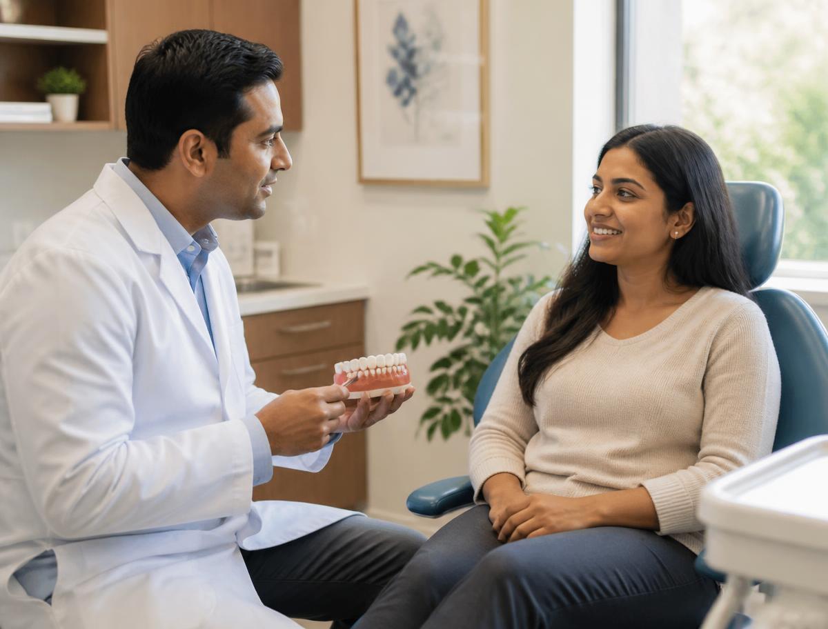 Dentist calmly explaining treatment options to a patient
