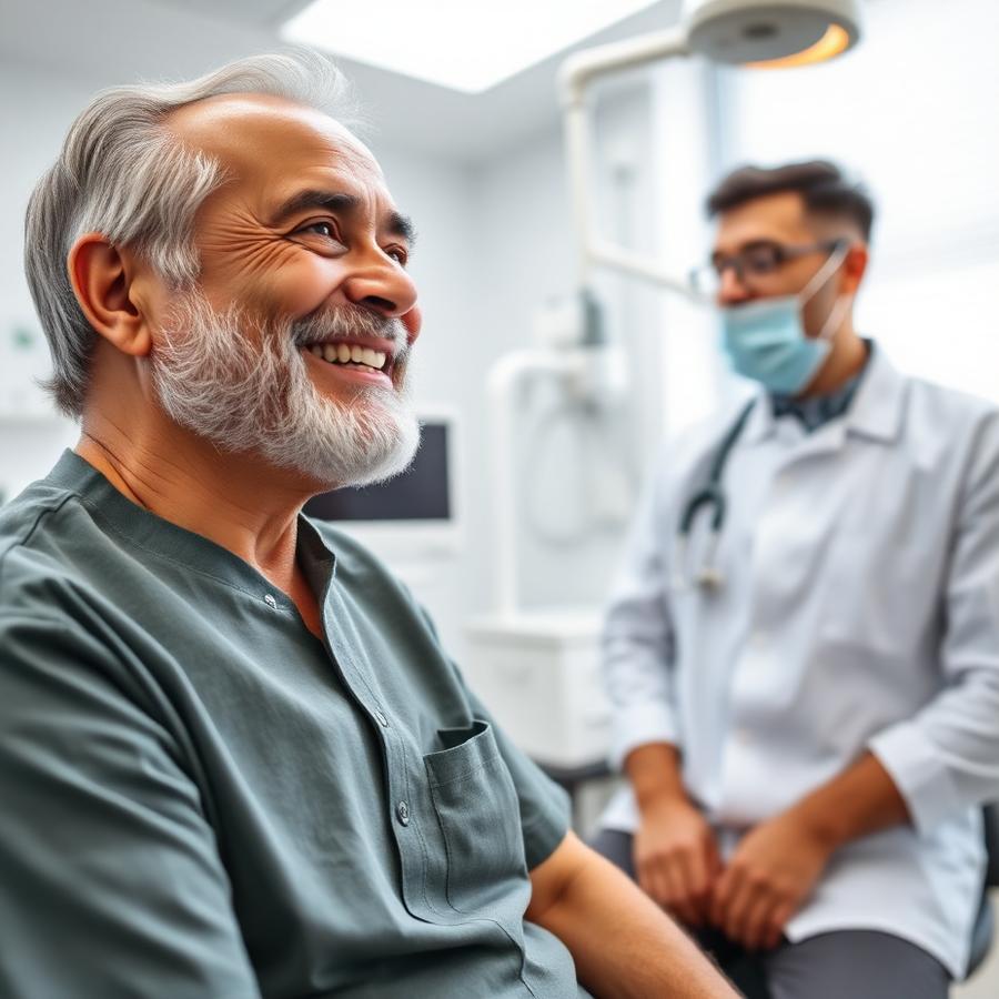 Senior patient talking with a dentist in a clinic