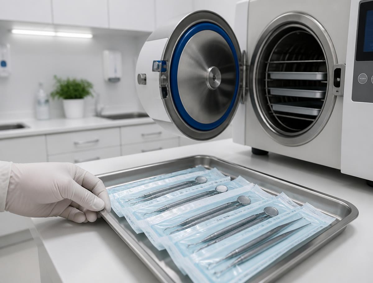 Sterilized dental instruments in sealed pouches beside an autoclave