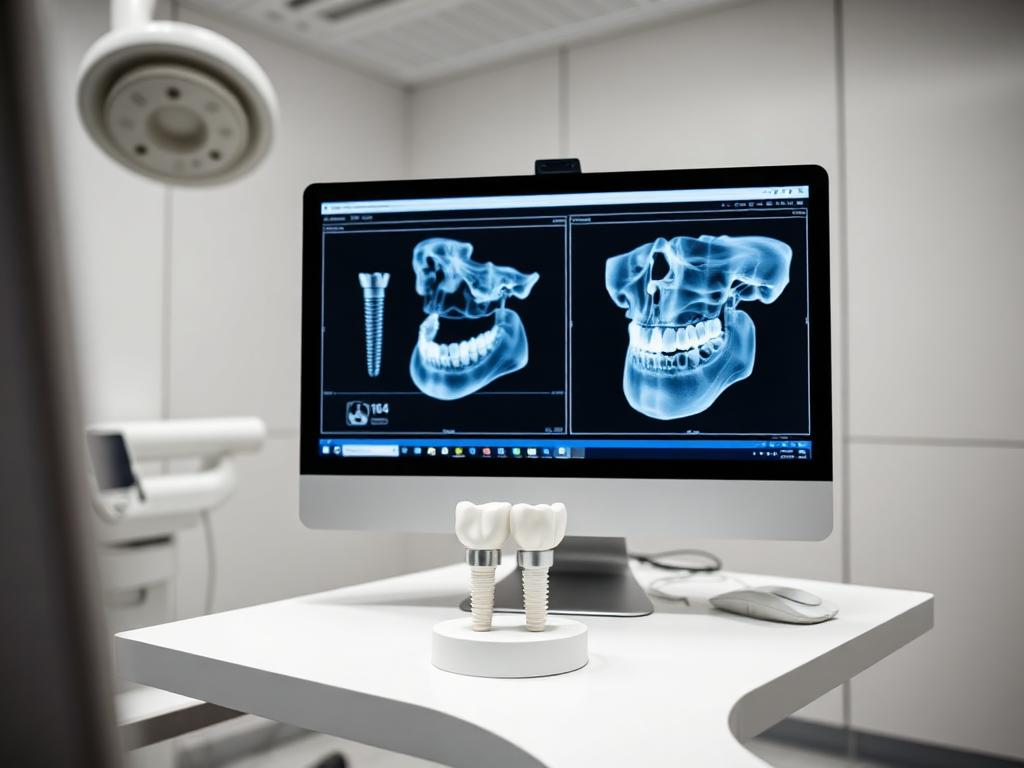 Dental implant planning on a screen with implant models