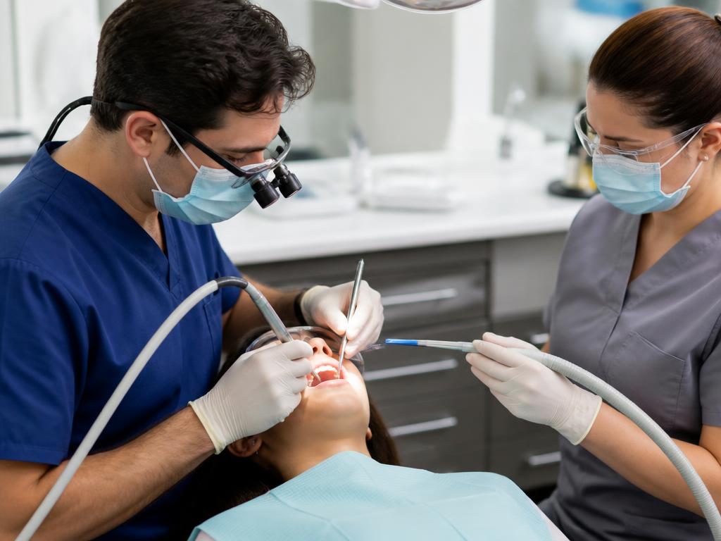 Dentist and assistant performing a root canal treatment