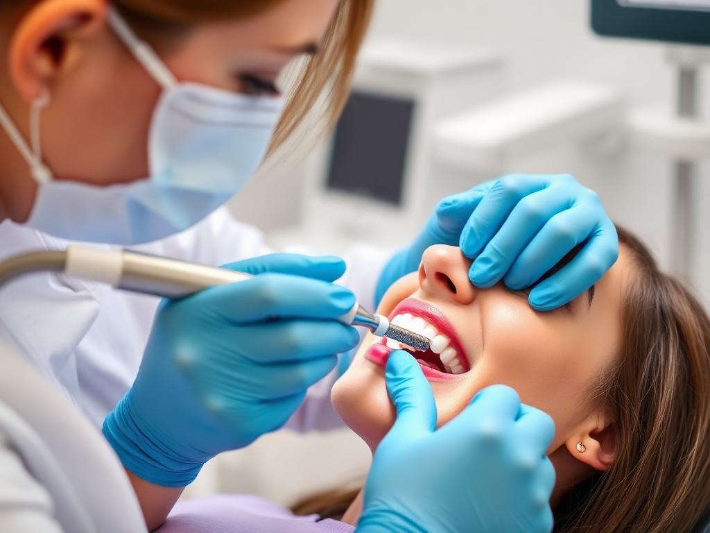 Dental hygienist performing professional teeth scaling on a patient