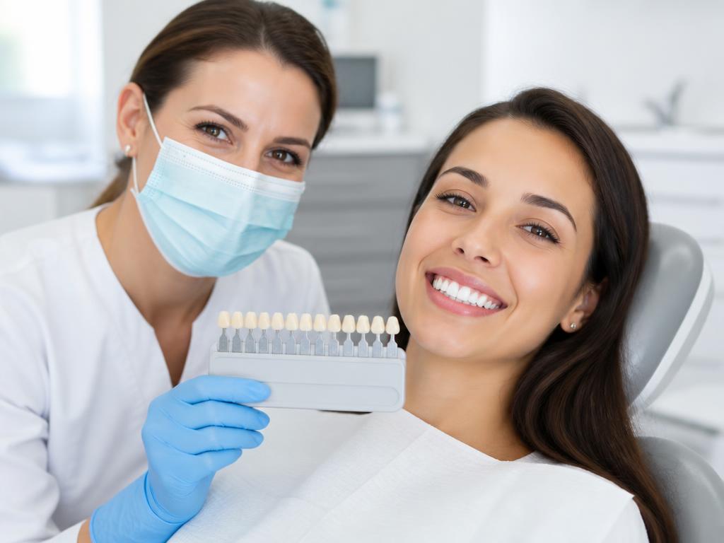 Dentist comparing tooth shade with a smiling patient after whitening